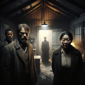 Two men and one woman are in a gloomy, old, dirty house at night