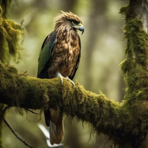 In a secluded forest clearing, a wild grungy harpy perches on a gnarled tree branch, her tangled feathers a mix of earth tones and mossy greens. With piercing golden eyes and a beak sharp as a dagger, she exudes an air of untamed beauty and danger. The image is a striking photograph, capturing every gritty detail with exquisite clarity and depth. Each feather and claw is rendered with stunning realism, further enhancing the raw power and mystery of this mythical creature. The viewer is irresistibly drawn into the enchanting world of the harpy, where nature's primal essence reigns supreme.