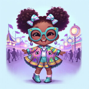 A chibi-style image of an African American 3-year-old girl, stan...