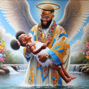 An oil painting depicting a light-skinned African-American pasto...