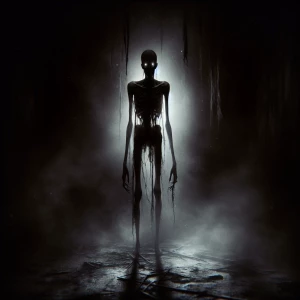 Imagine an eerie figure emerging from the shadows, silhouetted a...