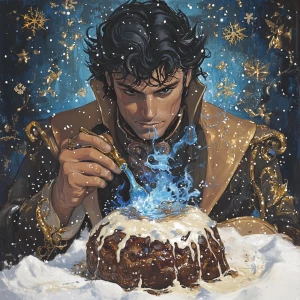 Tan man with black hair. Christmas image at the North Pole. He i...