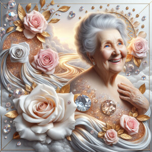 A horizontal portrait of a thi, smiling heavier curvy
set 80-ye...