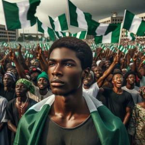 The young man are front of people with Nigeria flag