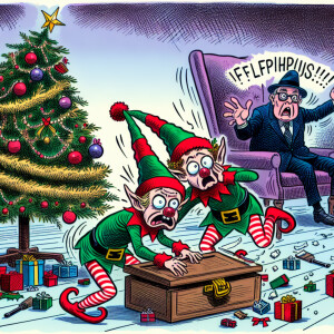 Two elves getting caught in the act of stealing Christmas presen...