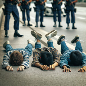 three white male teens, laying face down on the ground on a side...