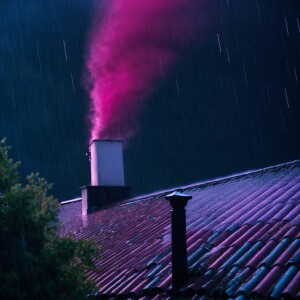 Rain hitting a roof then zooming in on the chimney area