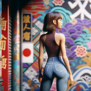 Athletic Thin skinny Attractive, Asian teenage girl, long brown hair and bangs, wearing tight skinny jeans and a halter top paint marks on her clothing, heroic pose Asian graffiti background, backside view