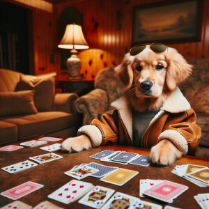 A dog wearing a smoke jacket playing gin rummy