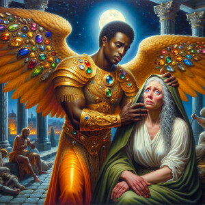 Create an oil painting image featuring a male angel and a grievi...