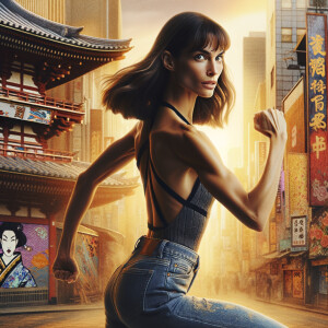 Athletic Thin skinny Attractive, Asian teenage girl, long brown hair and bangs, wearing tight skinny jeans and a halter top paint marks on her clothing, heroic pose Asian graffiti background, backside view