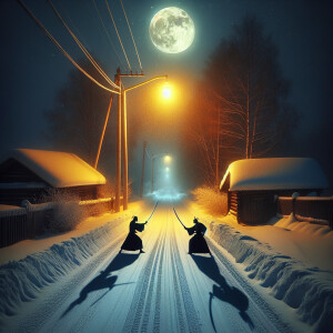 lunar midnight, a long two-lane road through a dacha village nea...