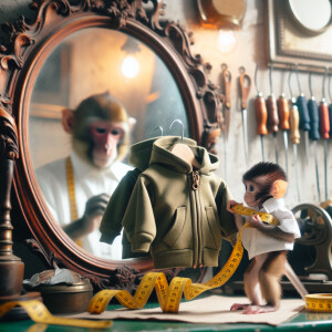 обезьянка мерит дома “худи цвета хаки” напротив зеркала