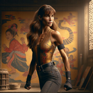 Athletic Thin skinny Attractive, Asian teenage girl, long brown hair and bangs, wearing tight skinny jeans and a halter top paint marks on her clothing, heroic pose Asian graffiti background, side view