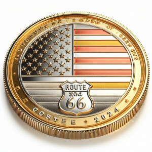Create a 3-D coin, the coin is shiny gold and silver, the coin h...