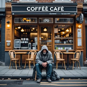Homeless man sitting in front of a coffee cafe