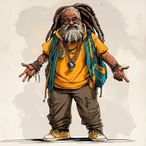 Design a whimsical, cartoon-style image of a Black male characte...