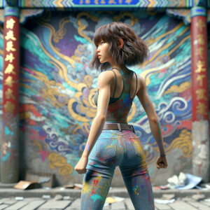 Athletic Thin skinny Attractive, Asian teenage girl, long brown hair and bangs, wearing tight skinny jeans and a halter top paint marks on her clothing, heroic pose Asian graffiti background, backside view