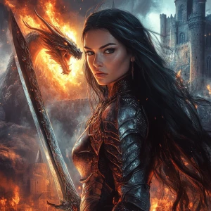 Create an image with a castle, and a dragon breathing fire in the background. Include a female knight in the forefront with her long dark hair flowing behind her back, and holding a sword. The knight should be shown in a heroic pose, and with her face as if it was looking at the camera.