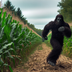 A humanoid Sasquatch with dark fur covering its body, sprinting...