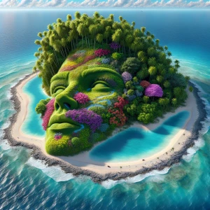 Create a 3D island shaped like John Travolta's face, viewed from...
