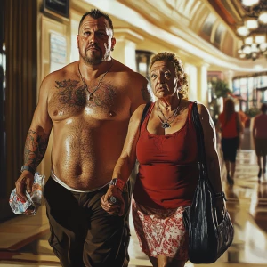 Hyperrealistic painting.A sweaty beefy man walking with his 54 y...