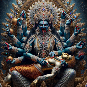 portrait of angry looking, four-armed indian goddess blue skinned sitting on a gold crown and carrying a weak mahishasur on her lap and poking his abdomen with her amazingly long red fingernails . She is wearing diamond armor, a huge diamond crown, black saree, abundant  diamond jewelry, covered in blood. The scene is set in ancient India. The image is 8K resolution, cinematic, photography, ultra detailed face and epic.