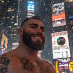 White muscular thin man with beard, big chin, smile and cheekbon...