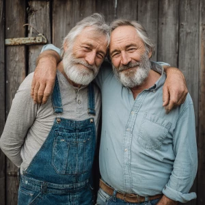 Two elderly men sharing a warm and affectionate embrace, conveyi...