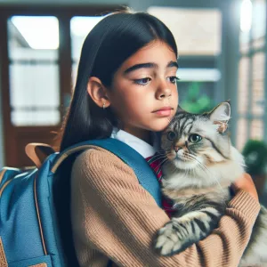 a student with a backpack wistfully hugs their cat