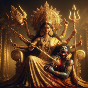 portrait of angry looking goddess durga sitting on a gold crown and carrying a weak mahishasur on her lap and stabbing him with her amazingly designed trident. She is wearing gold armor, a huge gold crown, gold saree, abundant  gold jewelry, covered in blood. The scene is set in ancient India. The image is 8K resolution, cinematic, ultra detailed face and epic.