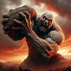 Create a hyper-realistic image of an enraged, colossal, bald gia...