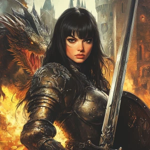 Design an image featuring a stoic female knight in medieval armor, posing in a fighting stance with a sword, facing a fire-breathing dragon with a majestic castle in the background. She has long, straight black hair with bangs, dark expressive eyes emphasized by eyeliner and eyeshadow, and arched, well-defined eyebrows. Her fair to medium skin tone is complemented by a warm, friendly smile with dimpled cheeks, a straight, well-proportioned nose, and full lips. The knight brandishes a shield, defending against the dragon's fiery onslaught, embodying the essence of a brave warrior engaged in battle.