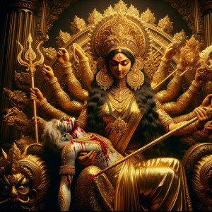 portrait of angry looking goddess durga sitting on a gold crown and carrying a weak mahishasur on her lap and stabbing him with her amazingly designed trident. She is wearing gold armor, a huge gold crown, gold saree, abundant  gold jewelry, covered in blood. The scene is set in ancient India. The image is 8K resolution, cinematic, ultra detailed face and epic.