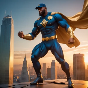 A Nigerian muscular superhero in a dark blue and gold bodysuit w...