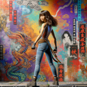 Athletic Thin skinny Attractive, Asian teenage girl, long brown hair and bangs, wearing tight skinny jeans and a halter top paint marks on her clothing, heroic pose Asian graffiti background, backside view