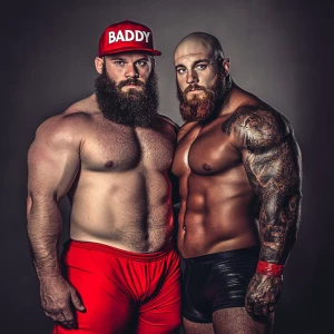 Two muscular men stand closely together in a dynamic pose. One m...