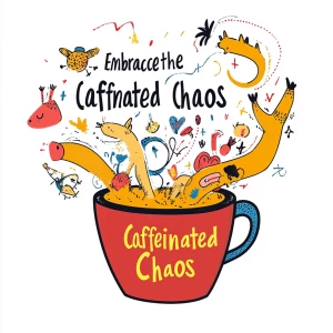 Cartoon coffee cup overflowing with whimsical chaos, swirling st...