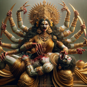 portrait of angry looking, four-armed indian goddess  sitting on a gold crown and carrying a weak mahishasur on her lap and poking his abdomen with her two hands with amazingly long red fingernails . She is wearing gold armor, a huge gold crown, gold saree, abundant  gold jewelry, covered in blood. The scene is set in ancient India. The image is 8K resolution, cinematic, photography, ultra detailed face and epic.