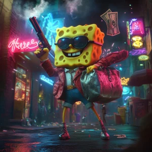 SpongeBob SquarePants holding a smoking pistol in one hand and...