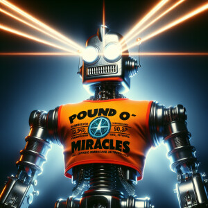 Retro robot wearing an orange T-shirt that says “Pound of Miracl...