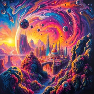 A mesmerizing artificial planet swirls with vibrant colors, like...