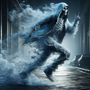 A hyper-realistic UHD image featuring "Death” wearing  tattered...