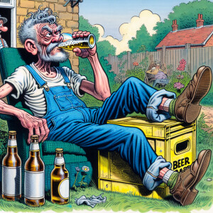 funny grey-haired, disheveled old man, in dungarees and a T-shir...