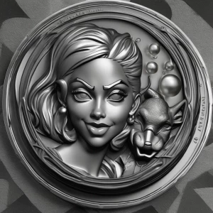 Grayscale 3d bas relief coin of harley quinn blowing a bubble an...