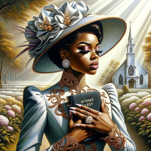 Render an airbrush oil painting of an African American woman with flawless makeup in a
contemplative pose, holding a Bible close to her heart, dressed in an elegant Sunday Best
outfit with a distinctive Church Hat. The background features a peaceful church garden,
with light filtering through the trees, highlighting her spiritual connection and the personal
moment of reflection. The artwork should capture the tranquility of the scene, the beauty
of her attire, and the depth of her contemplation, reflecting a serene and spiritually