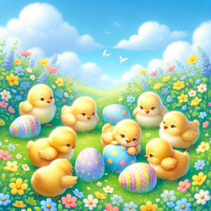 7 chicken baby on the meadow play with Easter eggs