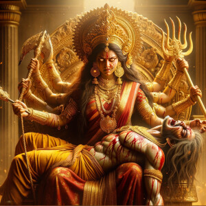 portrait of angry looking goddess durga, sitting on a gold crown and carrying a weak mahishasur on her lap and stabbing him with her amazingly designed trident. She is wearing gold armor, a huge gold crown, red saree, abundant gold jewelry, covered in blood. The scene is set in ancient India. The image is 8K resolution, cinematic, ultra detailed face and epic.