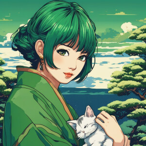 a square profile picture of a girl with green hair and her fluffy cat