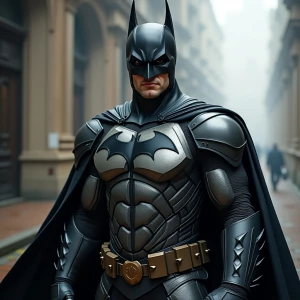 Batman in armor that resembles fantasy scale mail